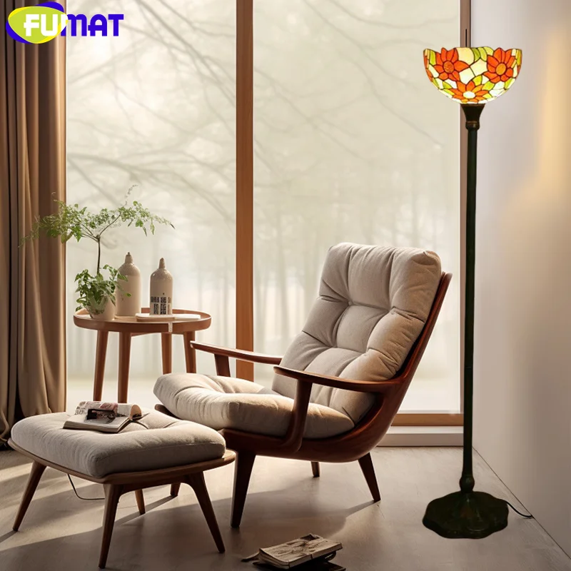 

FUMAT Tiffany style stained glass European retro floor lamp for living room study bedroom bedside hotel LED decor tripod lamp