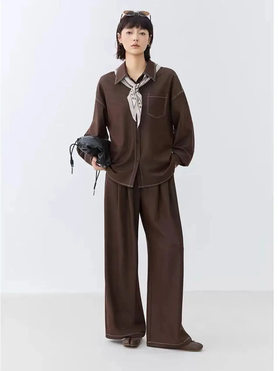 

Autumn-winter women's wool blend minimal solid color wide leg trouser suit
