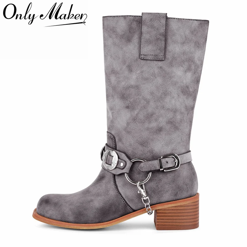 

Onlymaker Women Metal Decor Buckle Low Block Heels Boots Wide Knee High Riding Cowgirl Pull on Western Cowboy Boots