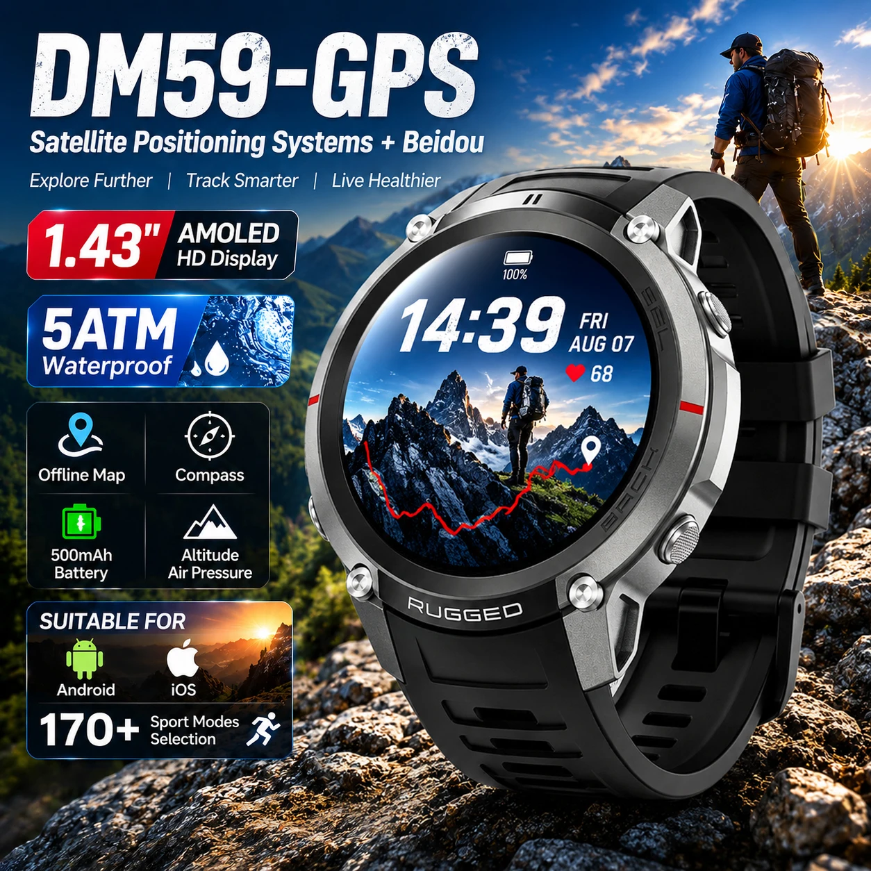 Reloj Inteligente GPS para Hombre 2026, Mapa Offline con 6 Satélites, Pantalla AMOLED de 1.43", Resistente al Agua 5ATM, Brújula, Más de