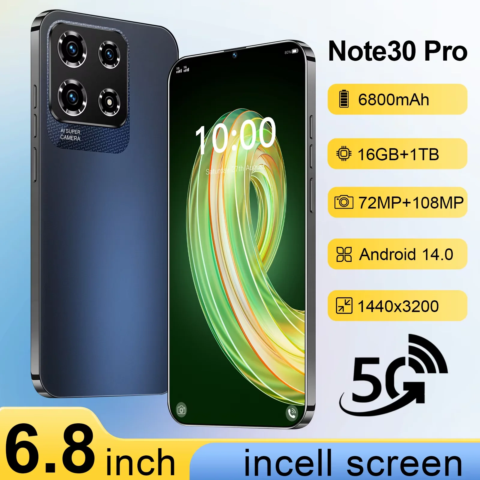 

2024 Note30 Pro Smartphone 6.8 inch Full Screen 4G/5G Cell Phone 16TB+1TB 6800mAh Mobile Phones 108MP Global Version Celulares