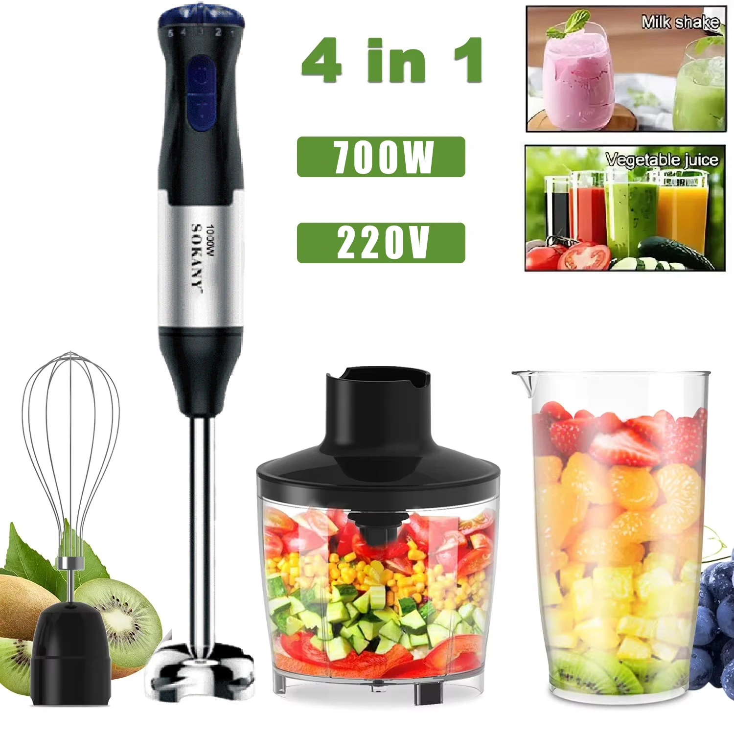 4 in 1 blender immersion, stainless steel chopper immersion, fuel W blender, for kitchen, veggetables, meat, whisk