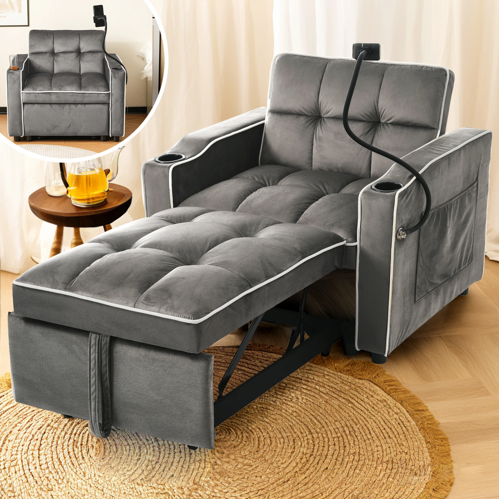 3‑in‑1 Ausziehbares Einzel-Schlafsofa mit Getränkehaltern & Handyhalter, verstellbarer Sofa-Liegestuhl & Sessel, platzsparendes Bett für kleine Räume – Dunkelgrau