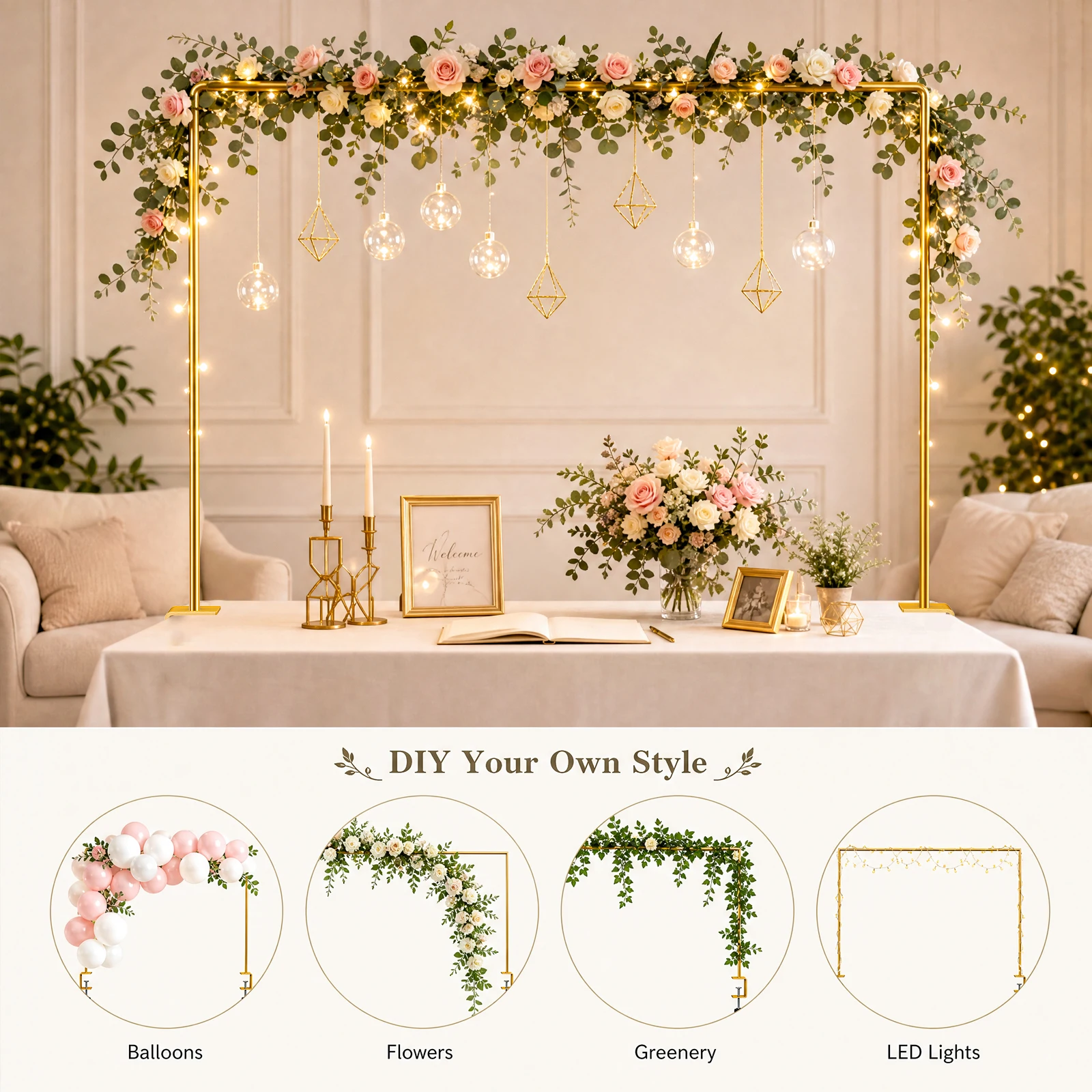 Arco da tavolo con lunghezza regolabile e morsetti, supporto da tavolo dorato, arco nuziale in metallo, accessorio decorativo per feste di compleanno, anniversari e Natale, arco da tavolo.