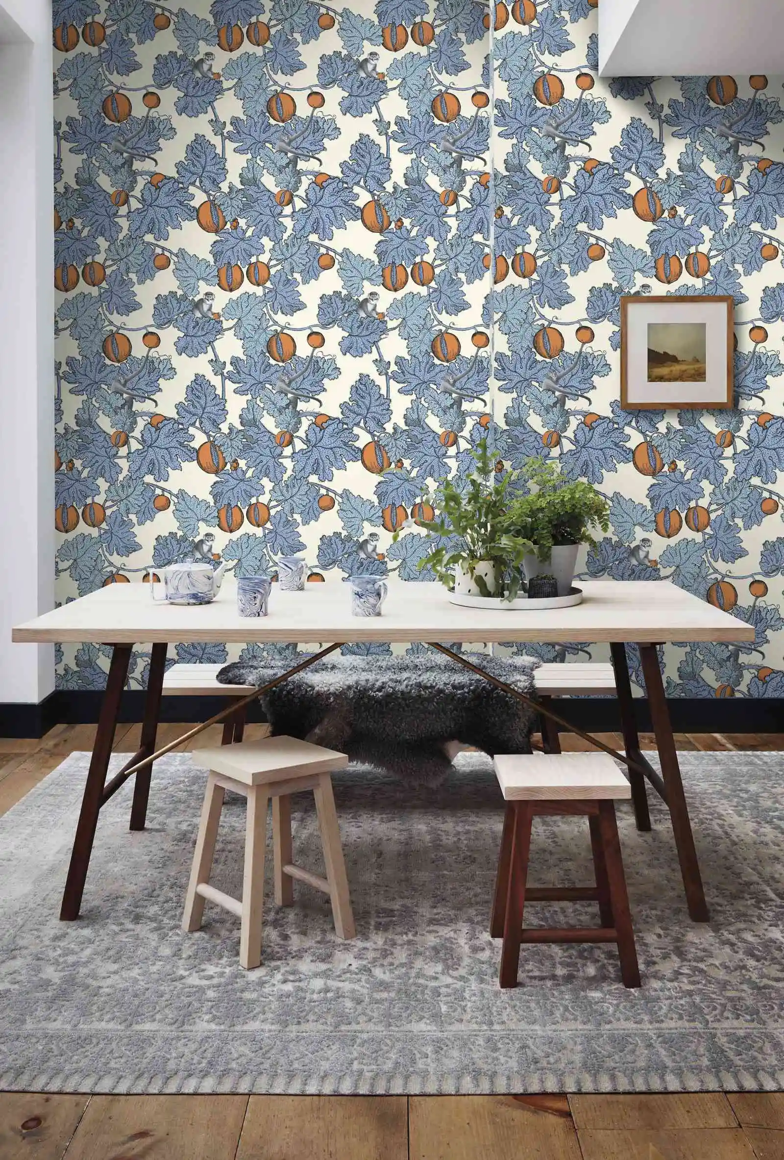 Monkeys and fruit Wall Paper, Frutto Proibito Blue and Orange  Wallpape, Scandinavian design, removable Wallpaper