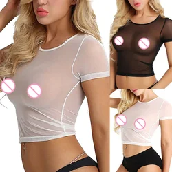 Tank Crop Top Underwear Womens Short Sleeve Sexy Sheer Mesh Top T Shirts Streetwear Tees Slim See through Transparent Clubwear