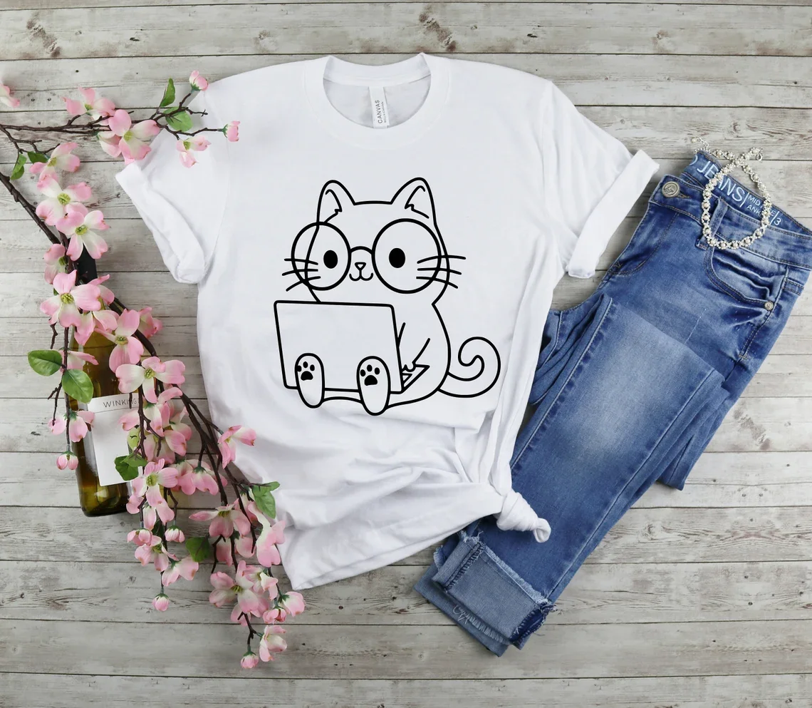 Skuggnas Nerd Cat Shirt Funny Cat Shirts Cat Lover Gift for Women Cute Cat Shirt Unisex Fashion t shirts Pretty Tee