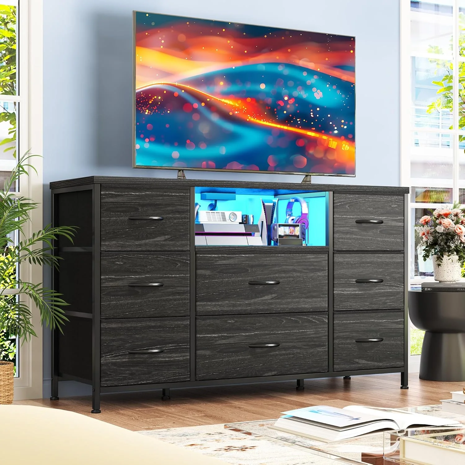 resser for Bedroom with LED Lights & Charging Station, Dresser TV Stand for Bedroom with 8 Drawer for 55 Inch TV, Fabric Dressers & Chests Of Drawers with Open Shelves for Hallway Entryway