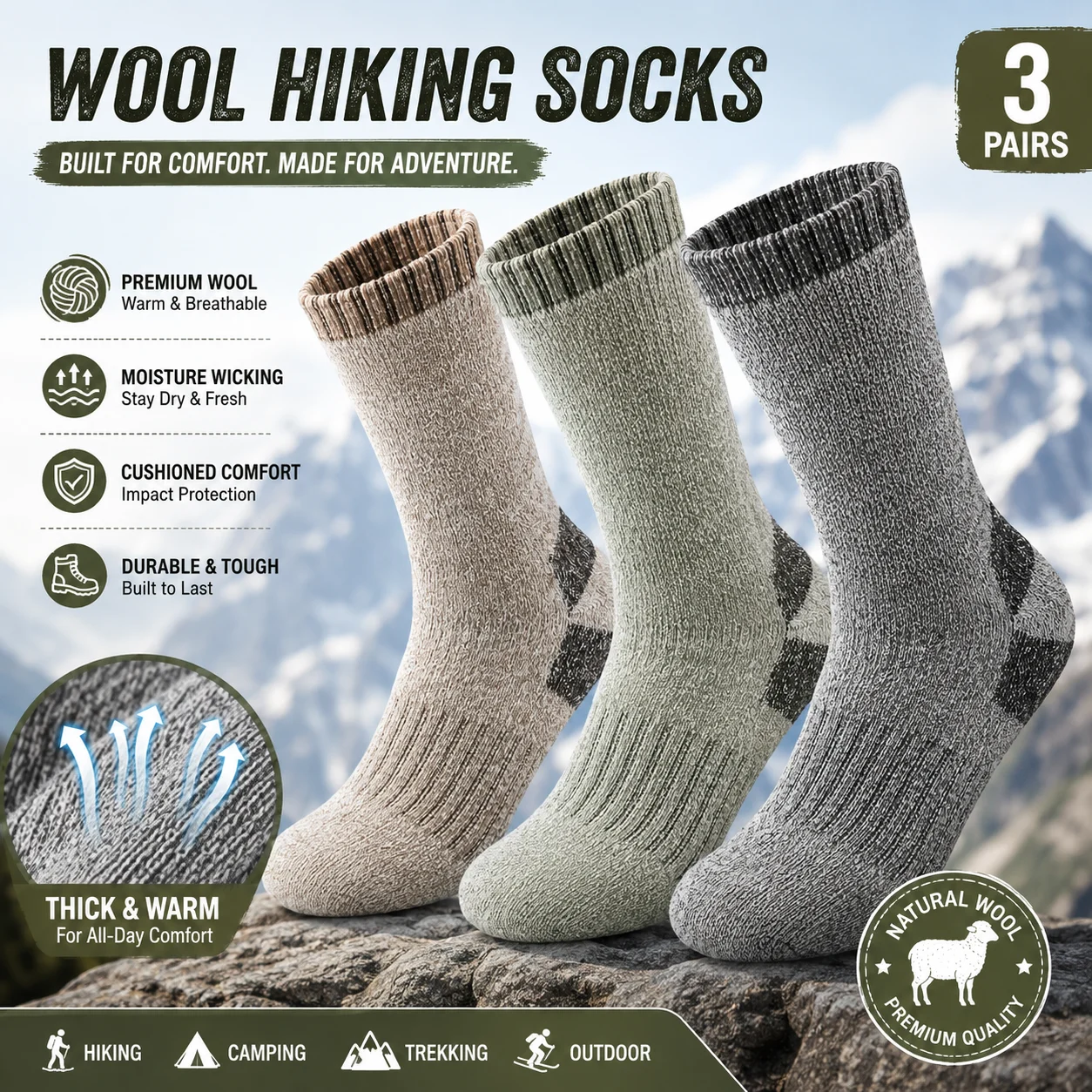Thermal Sock Wool - Merino Wool Hiking Socks 3 Pairs,