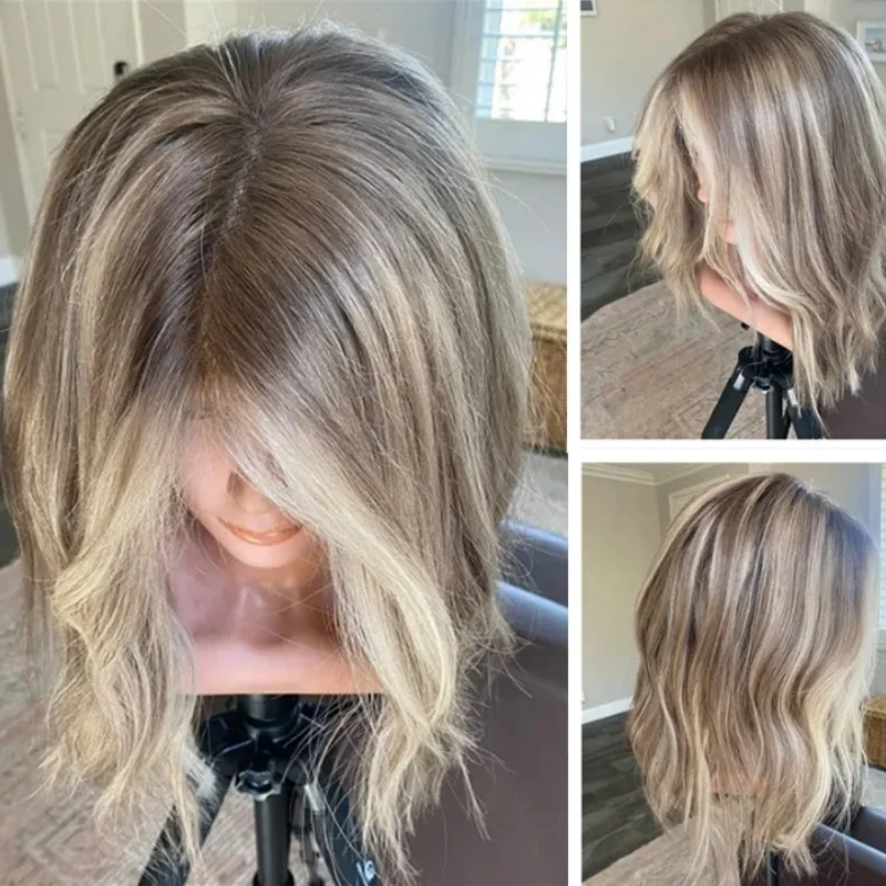 شعر مستعار بدانتيل أمامي أشقر قذر بني رمادي مع أشقر فاتح يسلط الضوء على موجات Balayage قطعة المال شعر مستعار طبيعي