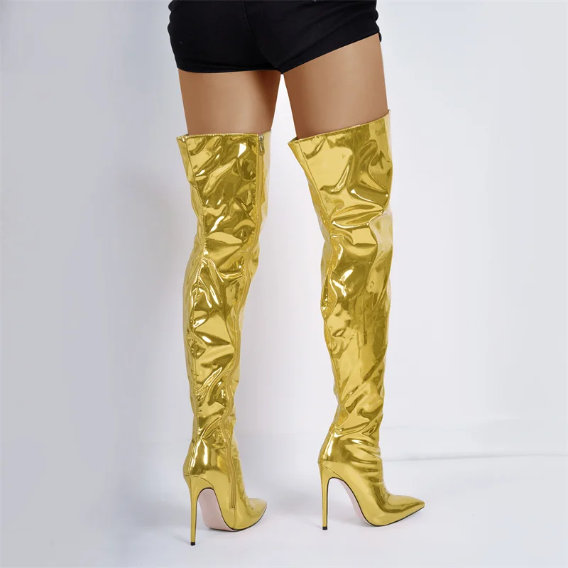 Onlymaker Women Pointed Toe Over The Knee Boots Metallic Zipper Handmade Big Size Stiletto Ladies Boots