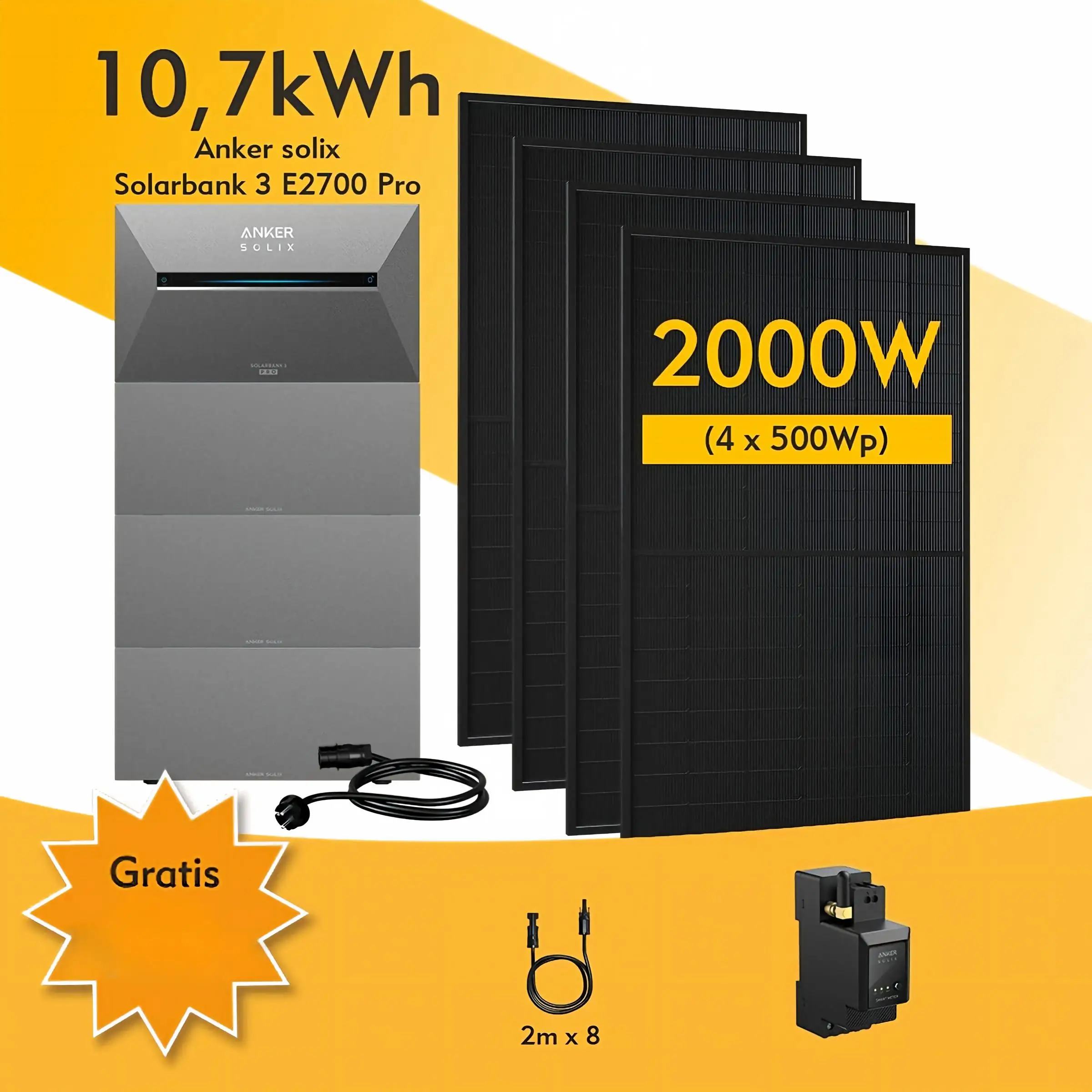 Anker SOLIX 3 Pro Balkonkraftwerk 2000W, Solarbank mit 3*BP2700 2680Wh Speicher, 4×500W Solarmodule, Anker Smart Meter, 4 MPPT, Plug&Play