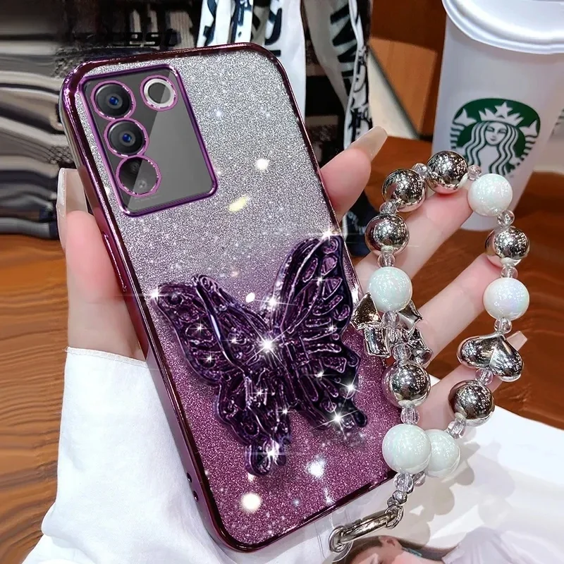 Support de téléphone papillon 3D, bracelet de perles, étui plaqué à paillettes pour Samsung Galaxy A05 A05S A04 A04E A04S A03S A02S A02 A03