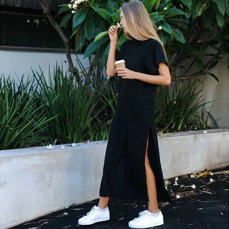 Letnia sukienka midi w koreańskim stylu dla kobiet Casual Black Long Dresses Short Sleeve Sexy Plus Size Side Open Party Maxi T Shirt Dress — zdjęcie 2