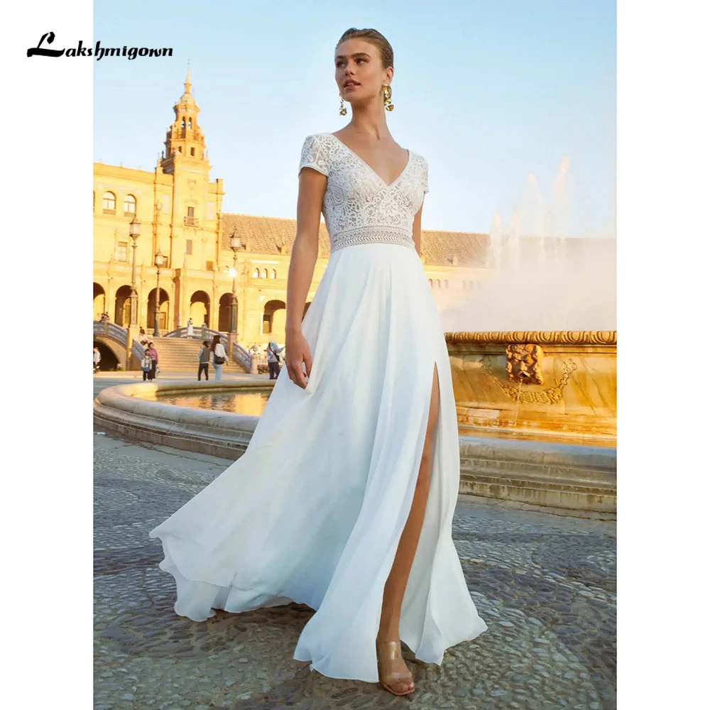 Sexy Side Slits Deep V Neck Short Cap Sleeve Backless Button Lace Top Chiffon A Line Wedding Dress Customized Bridal Gowns robe