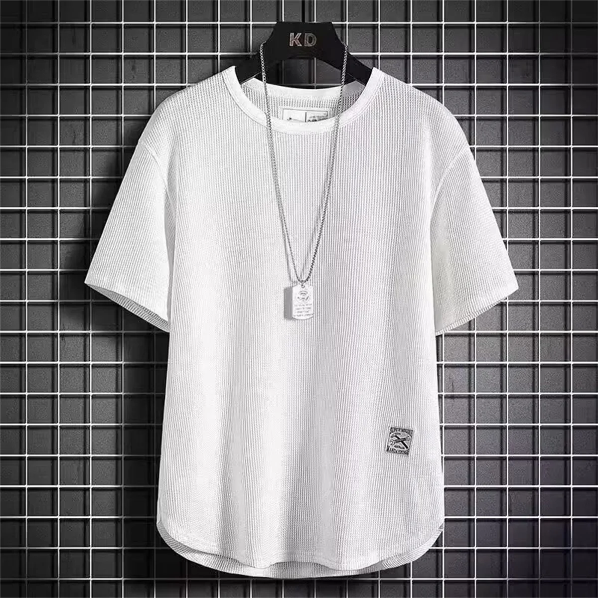 Modische Lack-Waffel-T-Shirts für Herren, Lässige Übergroße Oberteile, Koreanischer Stil, Atmungsaktive Qualität, Unisex Kurzarm-T-Shirts, Trendige Herrenbekleidung – Detail 6