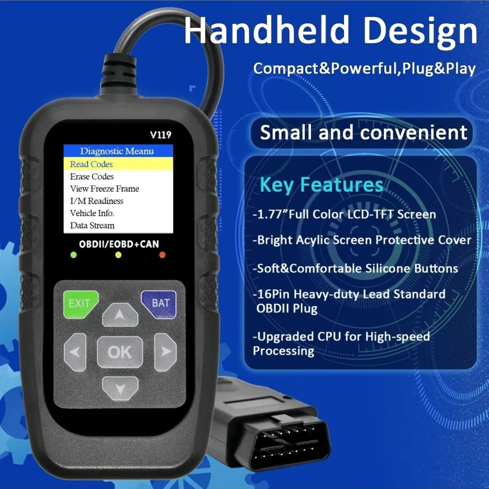 V119 OBD2 Scanner: Car Diagnostic Tool with Voltage Test & USB Power, Reads/Clears Codes for EOBD/CAN OBD2 Vehicles