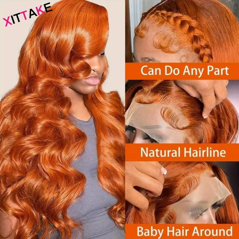 34 Inches Ginger Orange Body Wave Lace Wig Brazilian Body Wave 13x4 HD Transparent Lace Frontal Human Hair Wig 13x4 Glueless Wig