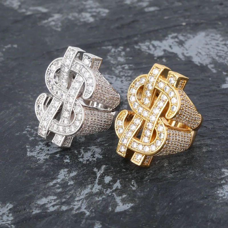 

Wholesale Luxury Trendy Hip Hop Jewelry Rings Men Gold Plated Brass Cubic Zircon Iced Out Bling Full CZ Dollar Money Finger Ring