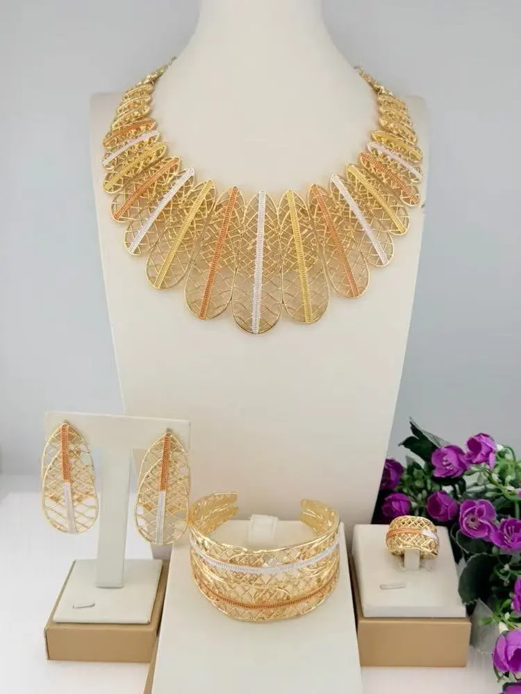 Luxury Fancy Three Tone Skeleton Shape Italian Jewelry Charm Necklace Brazalete Aretes Anillo 4PC Jewels Set for Wedding Party