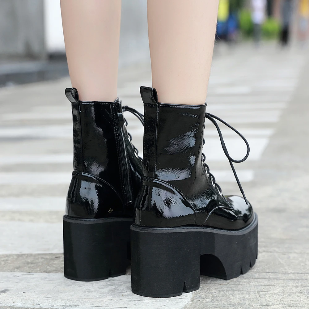 Gdgydh Women's Side Zipper Platform Boots Comfy Round Toe Lace Up Shoes Fashion Solid Color Comabt Boots Chunky Heels