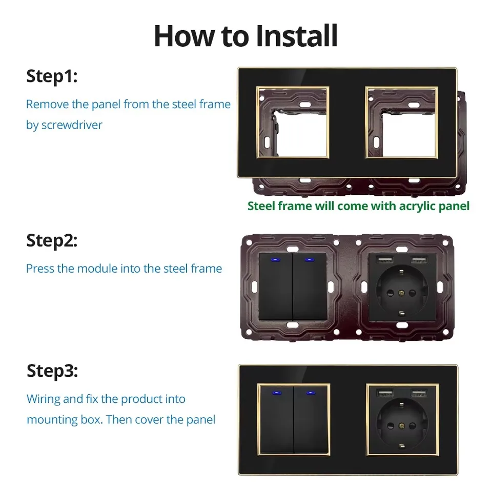 5 Gang Apartment Blocks Rocker Switch Villa Using Bedside Wall Switch Socket Vertical Layout Panel Module Socket Glossy Black - Image 3