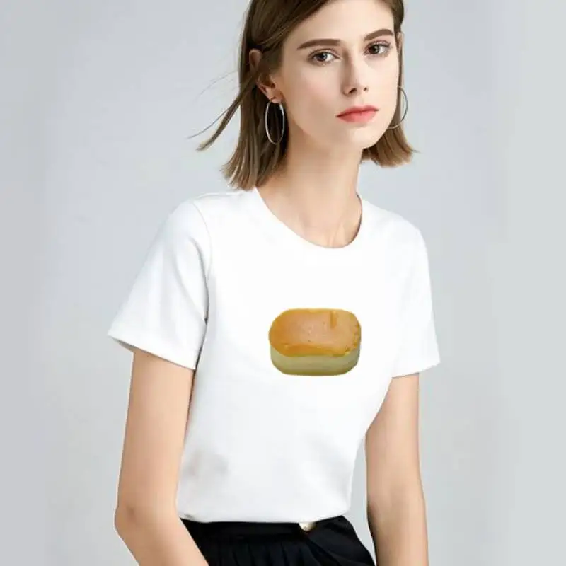 Ropa de mujer, camiseta esponjosa de algodón japonés con tarta de queso, textura lechosa Jiggly, estampado de cafeína, Paitring, traje para parejas, Top para niñas