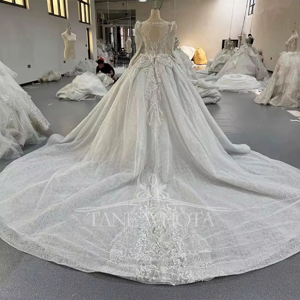 Brautkleid Hochzeit 長袖恋人光沢のあるグリッターのウェディングドレスビーズクリスタルボールガウンレースロングブライダルドレス