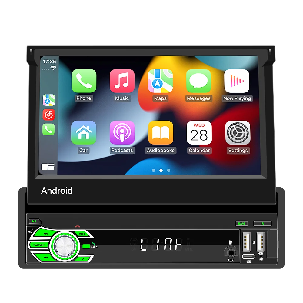 7‘’ Retractable Screen 1Din Car Radio Android 13 Wireless Carplay Multimedia Universal Smart Central Autoradio FM Navigation GPS