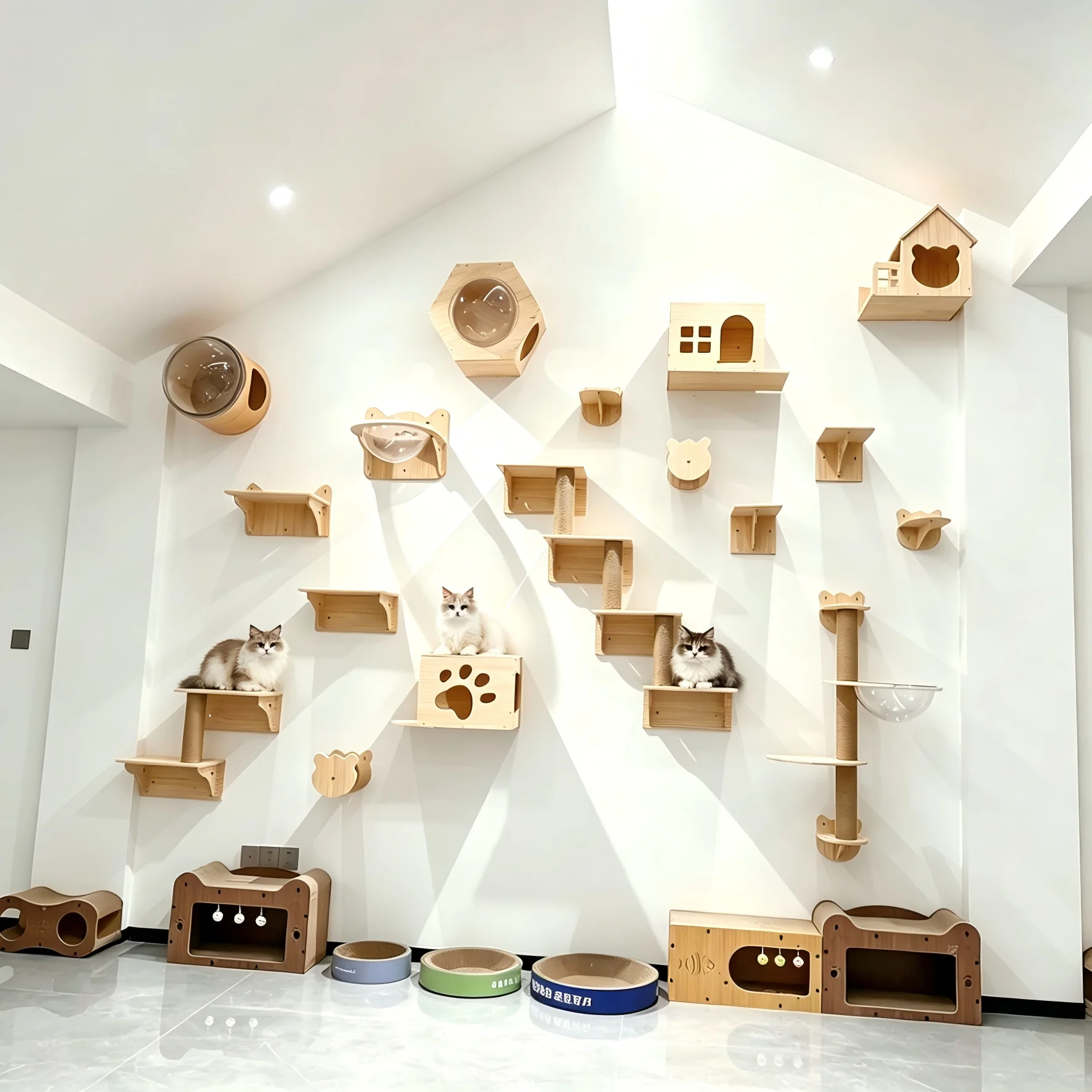 Wall Mounted Cat Climbing Shelf Wooden Hammock Bed Steps Perch Scratching Post Indoor Cat Furniture For Kitten Playing Sleeping