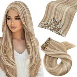 Moresoo Clip in Hair Extensions 100% Real Human Hair Brazilian Hair Natural Straight Double Weft Full Head Clip in Human Hair