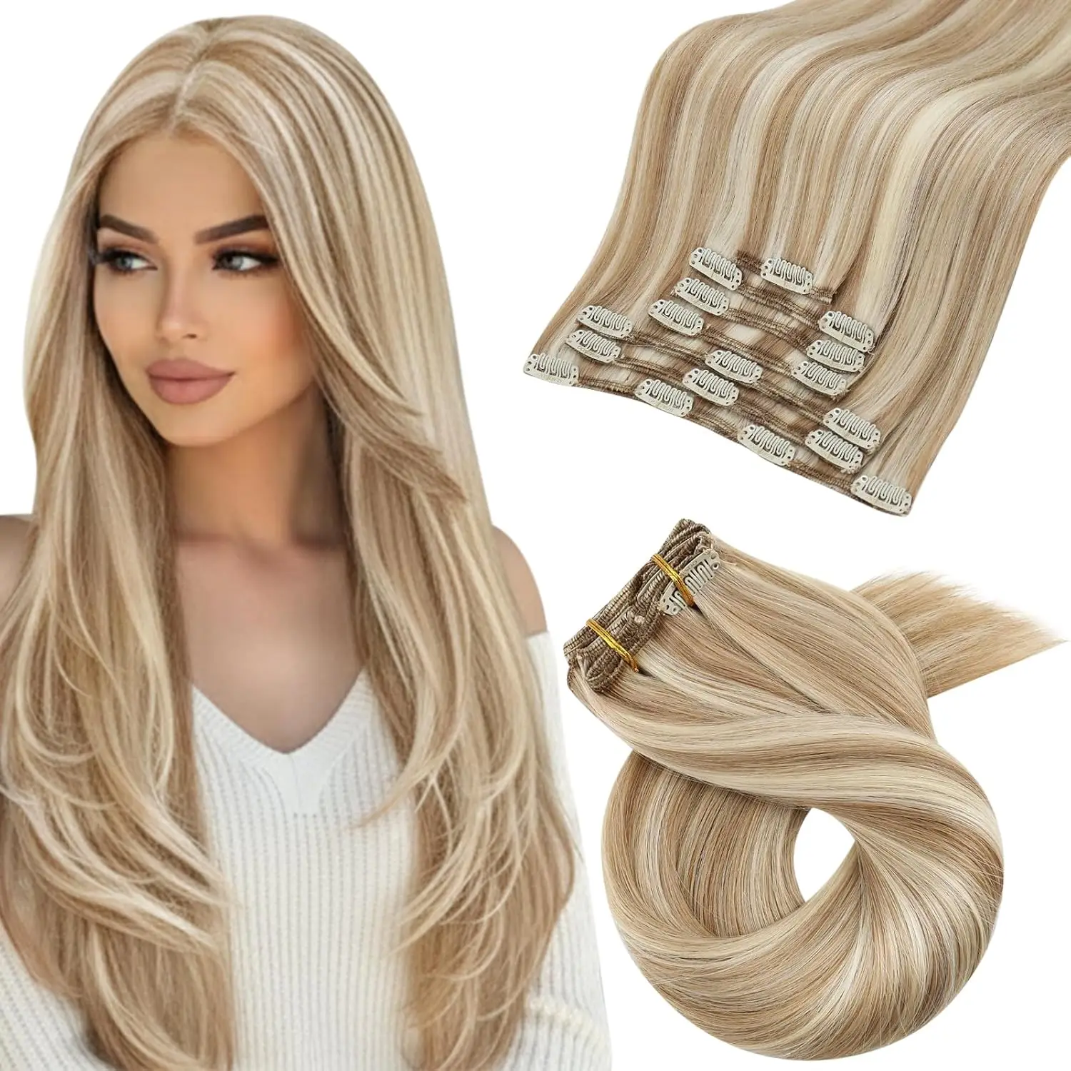 Moresoo Clip in Hair Extensions 100% Real Human Hair Brazilian Hair Natural Straight Double Weft Full Head Clip in Human Hair