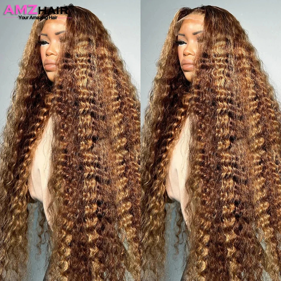 HD Honey Blonde Kinky Curly 13x4 13x6 Lace Frontal Human Hair Wig Pre Plucked Highlight Ombre Colored 4x4 Lace Closure Curly Wig