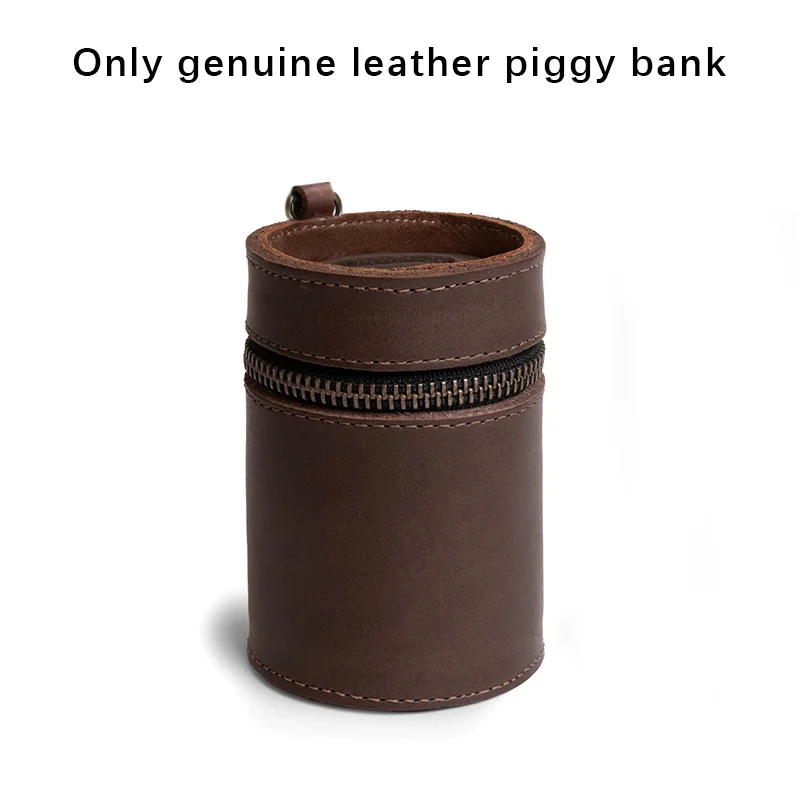 1pc top-grain leather piggy bank, can be placed in a car cup holder, coin storage box, zipper bag, full-grain leather