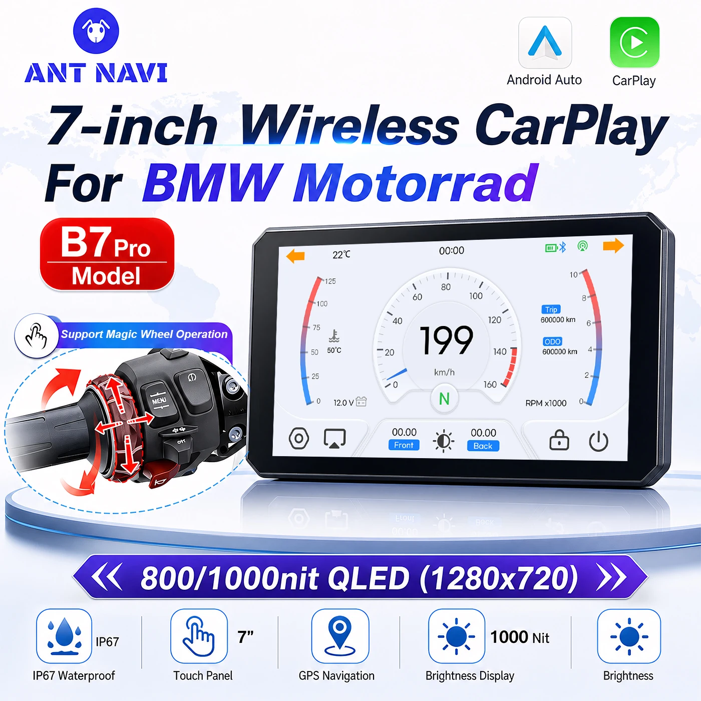 Navigation GPS sans fil pour moto 7 pouces avec CarPlay Android pour BMW R1200GS R1250GS R1300GS S1000XR - Navigation GPS pour Wonder Wheel