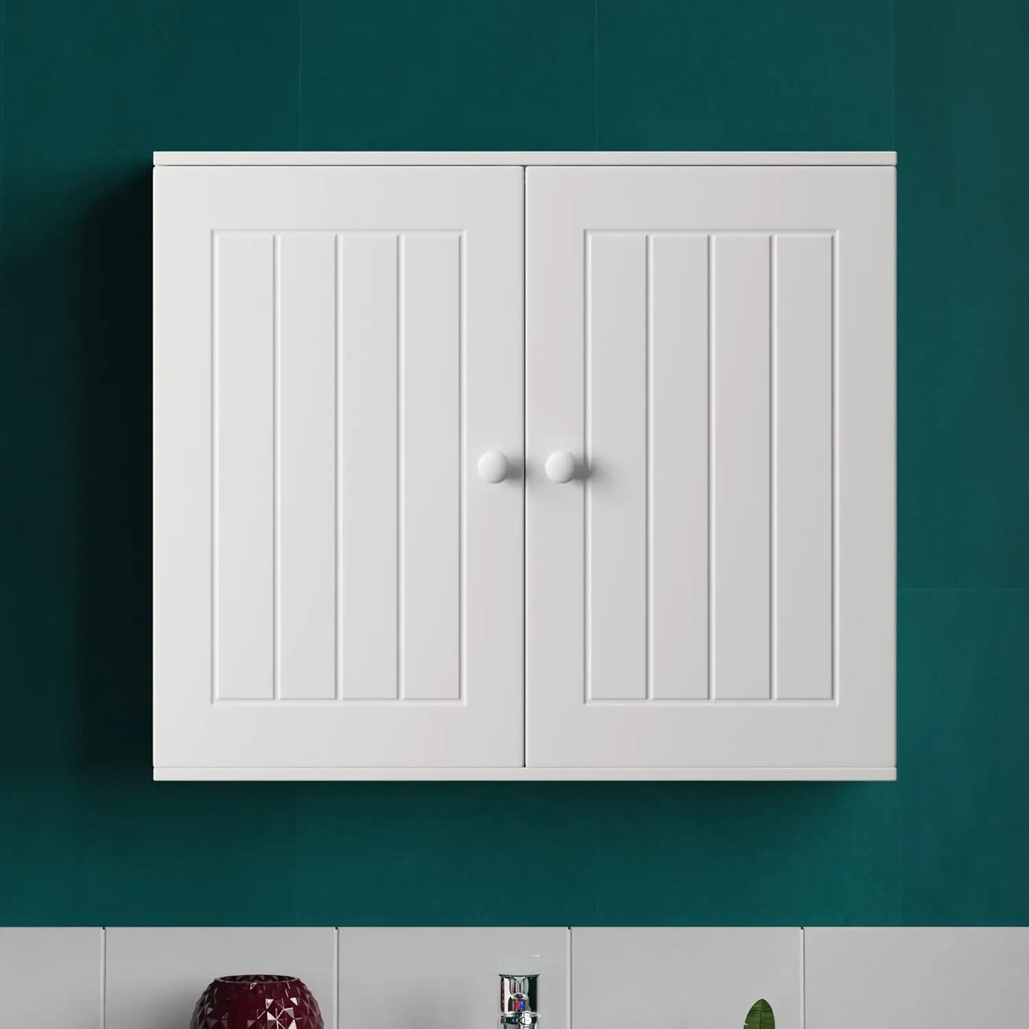 Armoire de rangement de cuisine avec 3 trous de fixation, 2 modes de placement, armoire murale de salle de bain au design moderne élargi, grande capacité, placards suspendus avec double porte et étagère réglable, blanc, 60x15x50cm