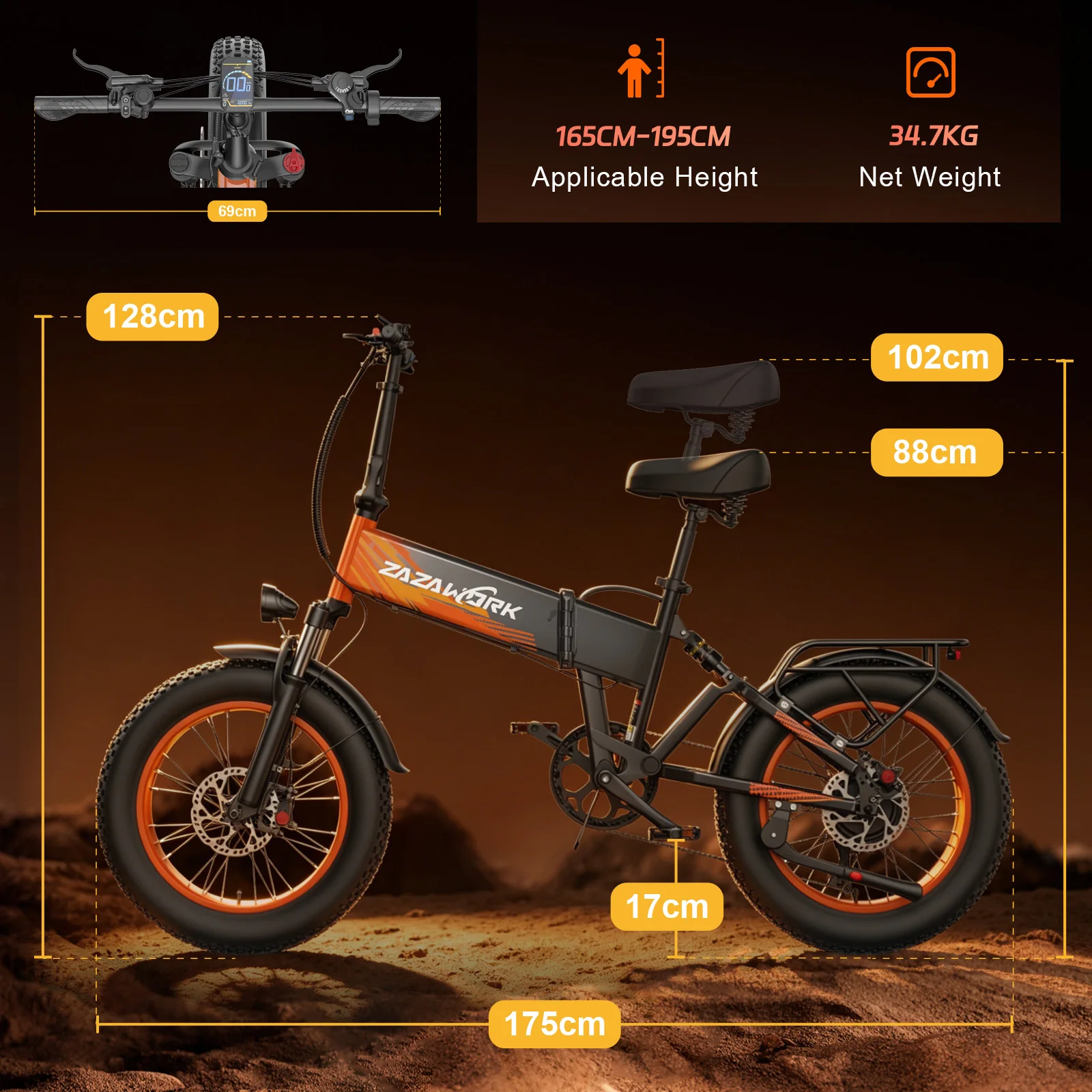 ZAZAWORK CF1000 Bicicletta Elettrica Pieghevole con Pneumatici Larghi da 20 Pollici, Motore da 1000W, Batteria da 48V 20Ah, Autonomia Fino a 120km, Sospensione Completa, 7 Velocità, Freni a Disco