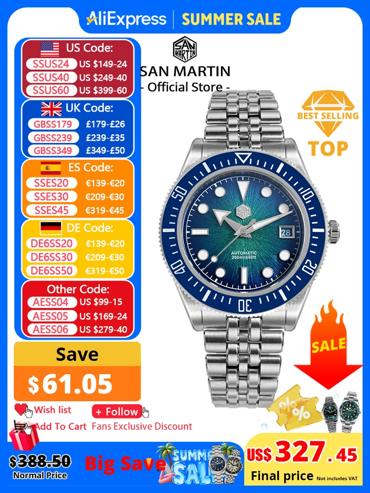 San Martin 40mm Men's Luxury Diver Watch Miyota 9015 Enamel