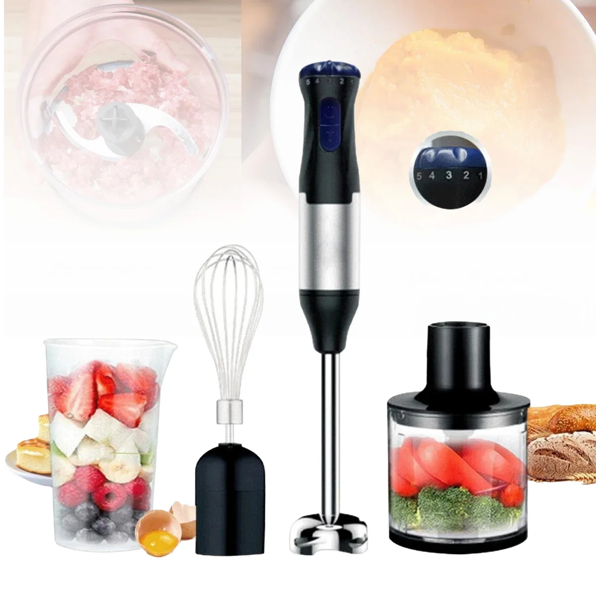 Batidora de mano 4 en 1 de 1000W, batidora de inmersión de acero inoxidable con cuchilla mezcladora para sopas, batidos y comida para bebés