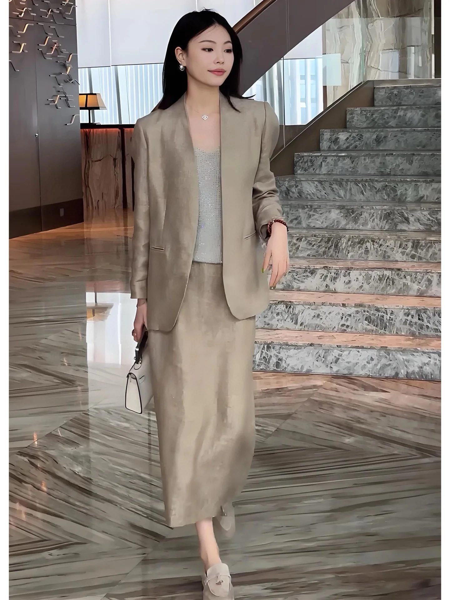 

Autumn minimal lines women's solid color linen skirt suit