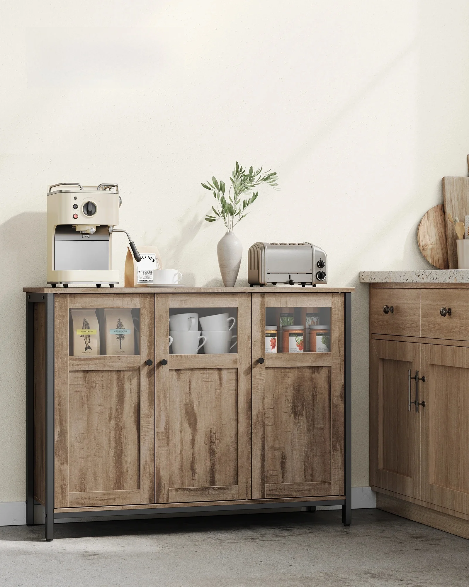 Vasagle Dressoir Keuken Garderobe Opslag S Garderobe Glazen Deuren Woonkamer Keuken Eetkamer Stalen Frame Industrieën - afbeelding 2