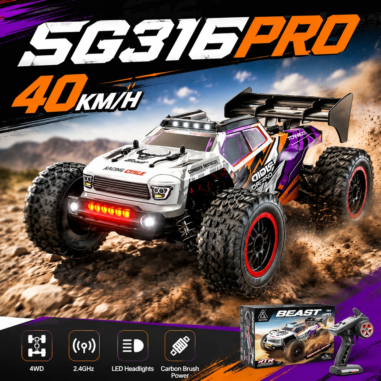 RC Drift Auto 1/16 4WD Offroad Hochgeschwindigkeit 40 km/h Kohlebürstenmotor G-Distanz-Fernsteuerung Widerstandsfähiger Typ LED-Scheinwerfer Jungenauto Fahrbereit