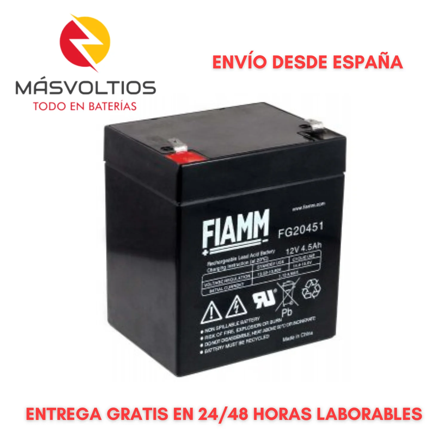 FIAMM FG20451 battery 12V 4.5Ah lead AGM rechargeable for UPS, SAI, emergency lights, medical equipment, electric bicycles