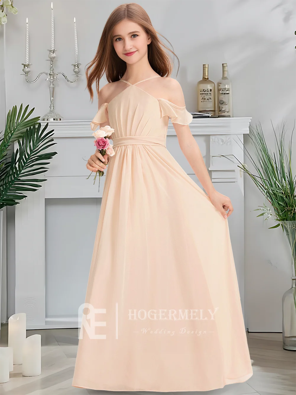 B キッズ ホルター ジュニア ブライズメイド ドレス ブラッシュ フラワー ガール ドレス フロアレングス シフォン カスケード リボン付き 聖体拝領パーティー