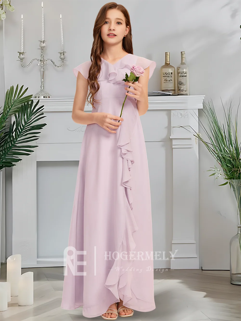 

B V-Neck Junior Bridesmaid Dress Twilight Lavender Flower Girl Dress Floor-Length Chiffon With Cascading Ruffles Wedding