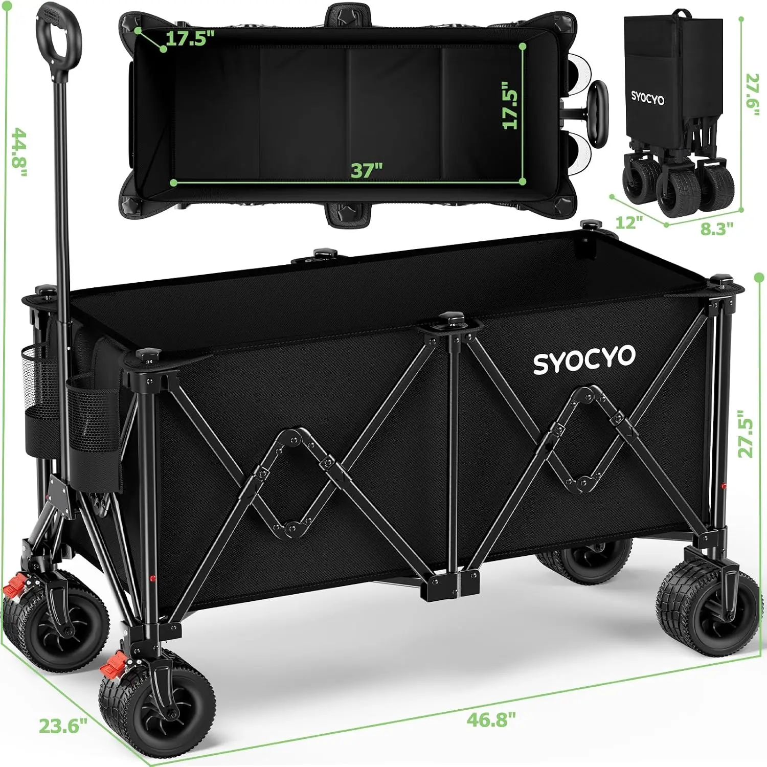 580LBS SUPER CAPACITY & 340L EXTRA-LARGE SPACE BEACH WAGON FOR SAND & BEYOND: This beach wagon offers 30% more storage than other foldable wagons in the same price range. Perfect for family beach camping trips, gardening, or grocery hauls — load up soil