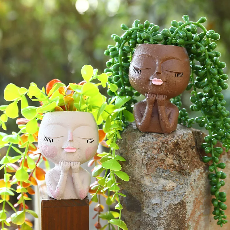 Female Head Flower Pot Human Cute Portrait Fleshy Succulent Bonsai Planter Resin Girl Vase Sculpture Indoor Plant Pot Flowerpot