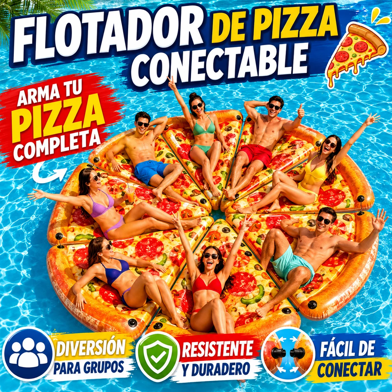 Bouée gonflable connectable en forme de pizza, design réaliste, PVC résistant anti-crevaison, connecteurs pour assembler plusieurs pièces, idéale pour la piscine et la plage, divertissement en groupe, convient aux adultes et aux enfants, facile à gonfler et à ranger, accessoire d'été pour les fêtes.
