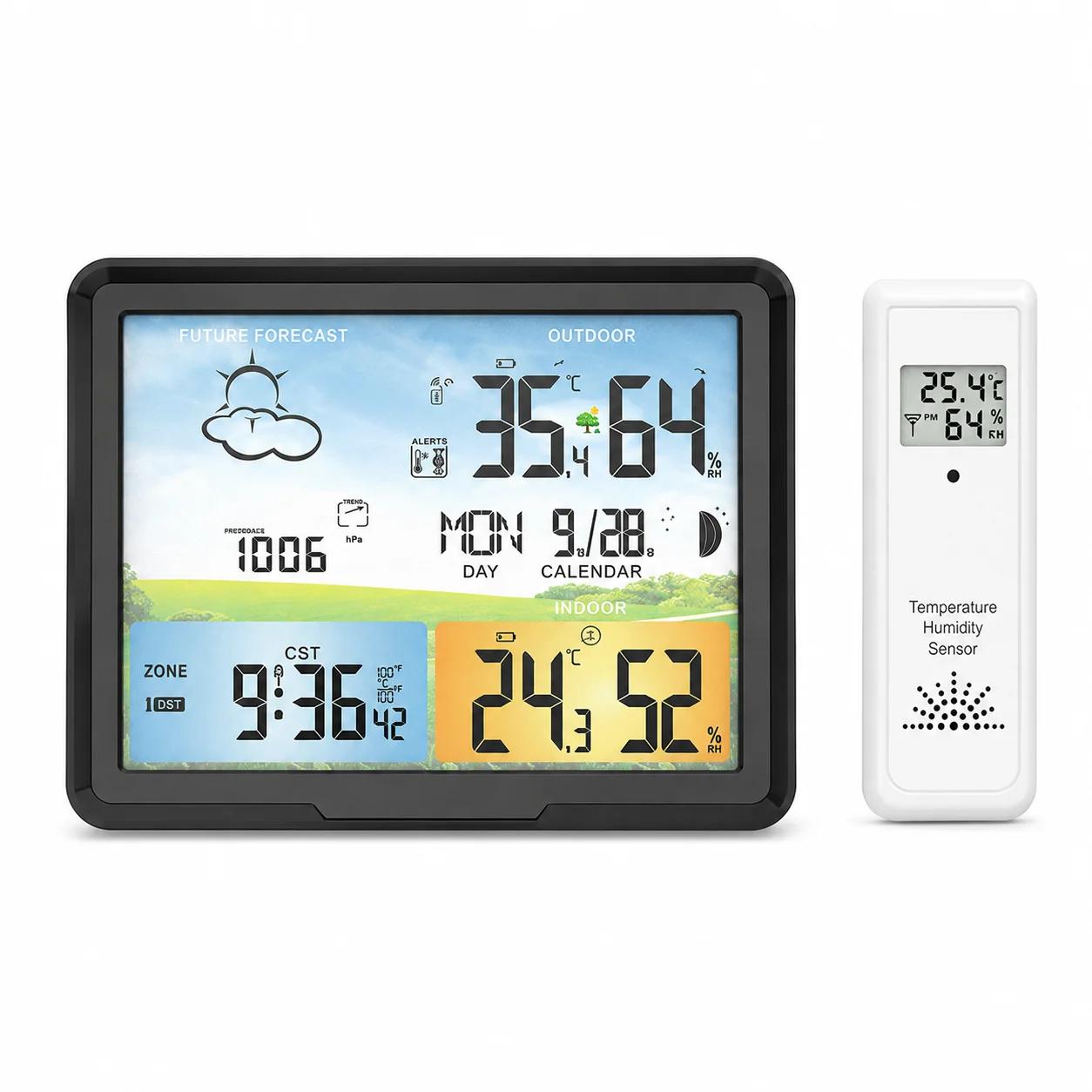 FABISENSE PT20A Wireless Weather Station Standing and Wall Hanging Colorful LCD Alarm Clock Indoor Thermometer Hygrometer