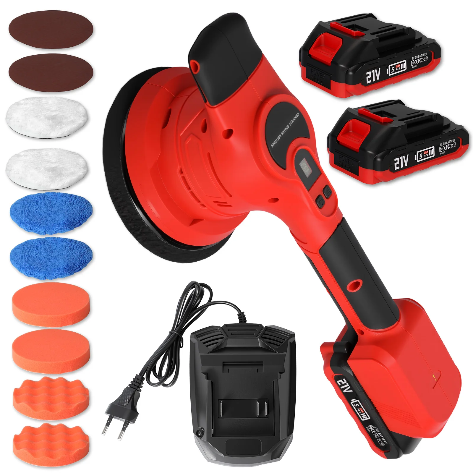 21V Bürstenloser Autopolierer 450W 8-Gang 7500 U/min Kabellose Dual-Action-Wachsmaschine mit 2 Batterien und Polierpads für Autopflege